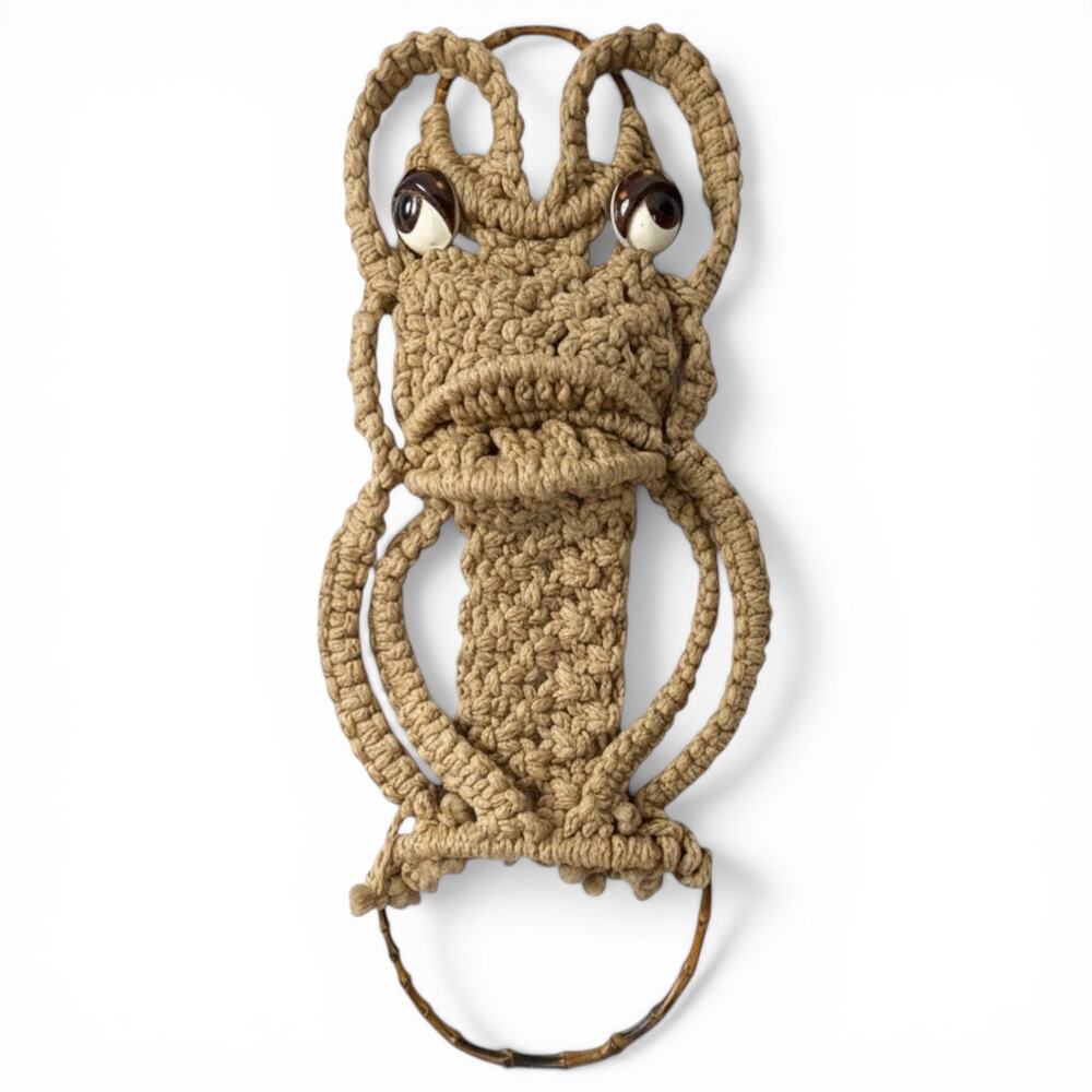 Vintage 70s Macramé Frog Towel Holder Wall Hanging Boho Jute Ceramic Eyes 26x12